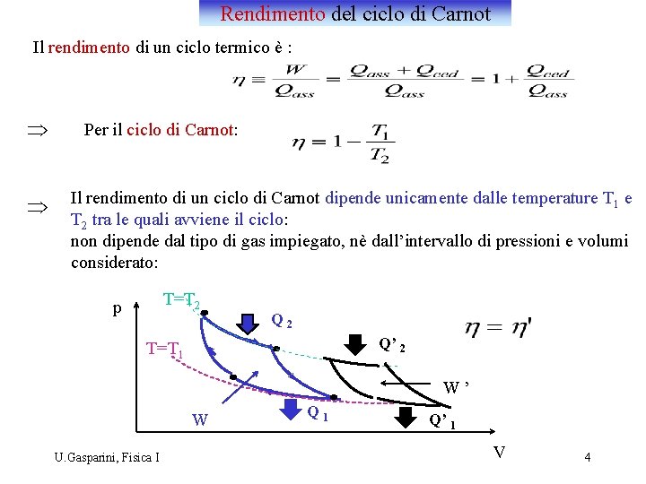 Rendimento del ciclo di Carnot Il rendimento di un ciclo termico è : Þ