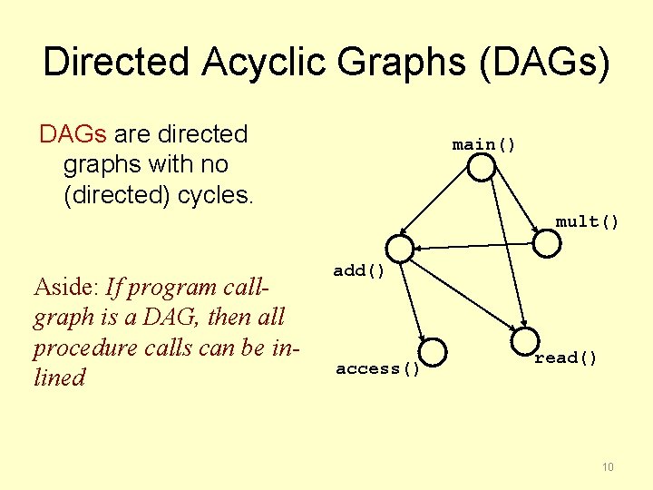 Directed Acyclic Graphs (DAGs) DAGs are directed graphs with no (directed) cycles. main() mult()