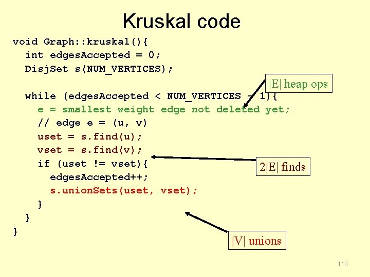 Kruskal code void Graph: : kruskal(){ int edges. Accepted = 0; Disj. Set s(NUM_VERTICES);