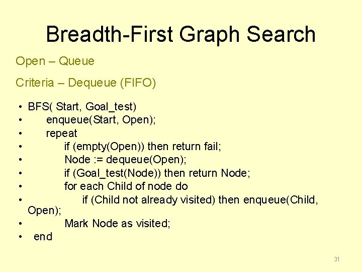 Breadth-First Graph Search Open – Queue Criteria – Dequeue (FIFO) • BFS( Start, Goal_test)