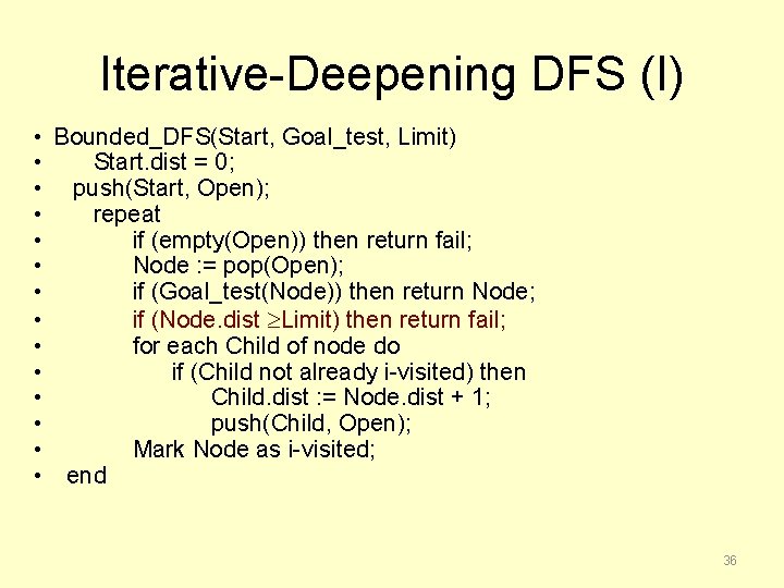 Iterative-Deepening DFS (I) • Bounded_DFS(Start, Goal_test, Limit) • Start. dist = 0; • push(Start,