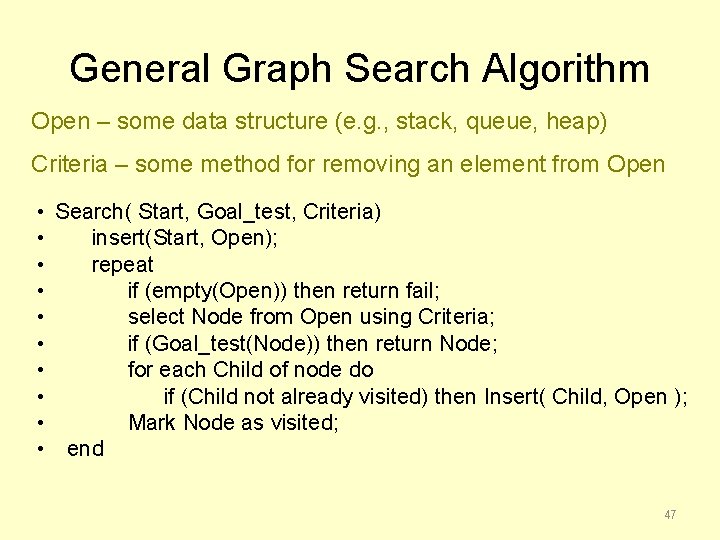 General Graph Search Algorithm Open – some data structure (e. g. , stack, queue,