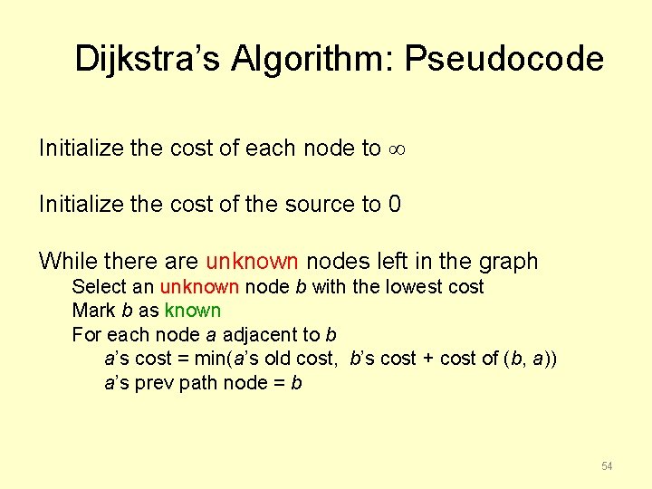 Dijkstra’s Algorithm: Pseudocode Initialize the cost of each node to Initialize the cost of