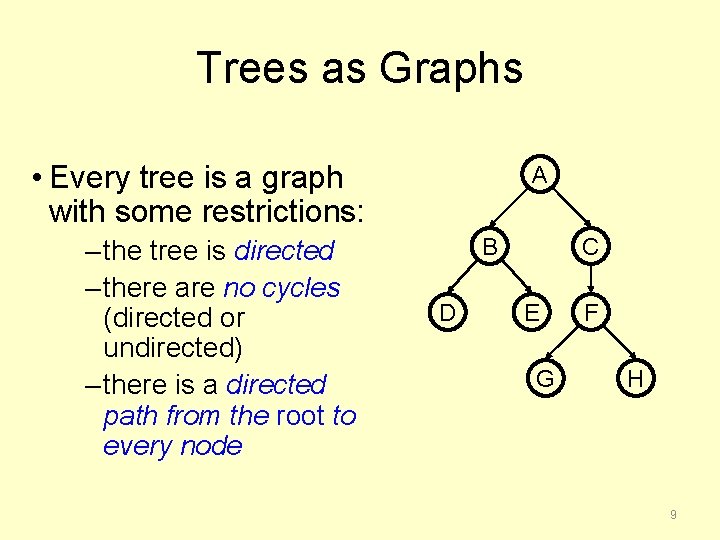 Trees as Graphs • Every tree is a graph with some restrictions: – the