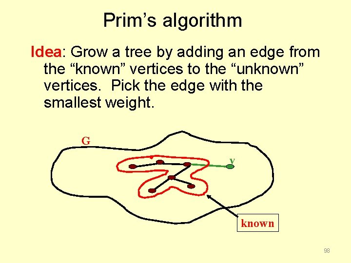 Prim’s algorithm Idea: Grow a tree by adding an edge from the “known” vertices