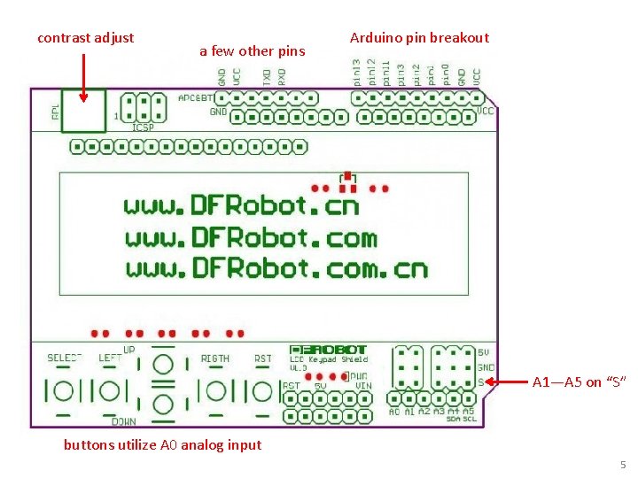 contrast adjust a few other pins Arduino pin breakout A 1—A 5 on “S”