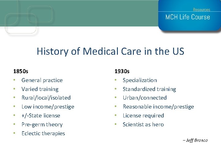 History of Medical Care in the US 1850 s • General practice • Varied
