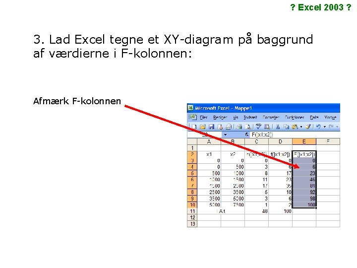 ? Excel 2003 ? 3. Lad Excel tegne et XY-diagram på baggrund af værdierne