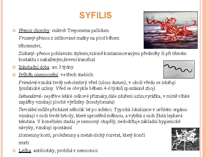 SYFILIS Přenos choroby: mikrob Treponema pallidum Vrozený-přenos z infikované matky na plod během těhotenství,