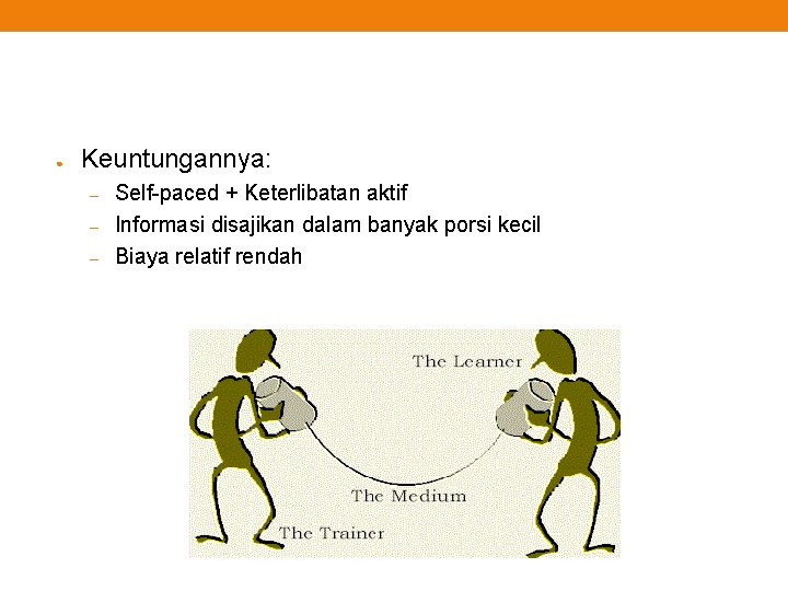 ● Keuntungannya: – – – Self-paced + Keterlibatan aktif Informasi disajikan dalam banyak porsi