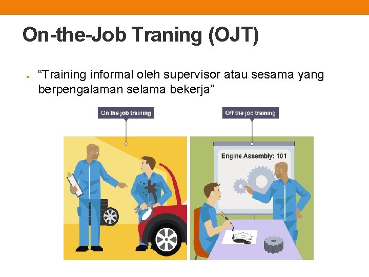 On-the-Job Traning (OJT) ● “Training informal oleh supervisor atau sesama yang berpengalaman selama bekerja”