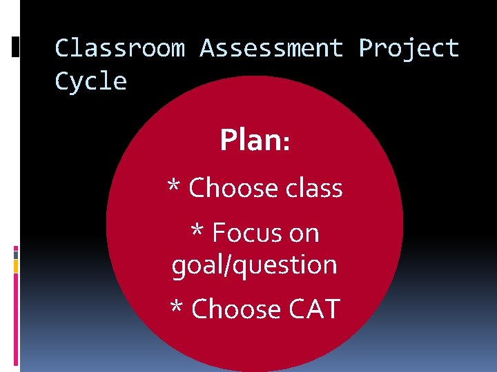 Classroom Assessment Project Cycle Plan: * Choose class * Focus on goal/question * Choose