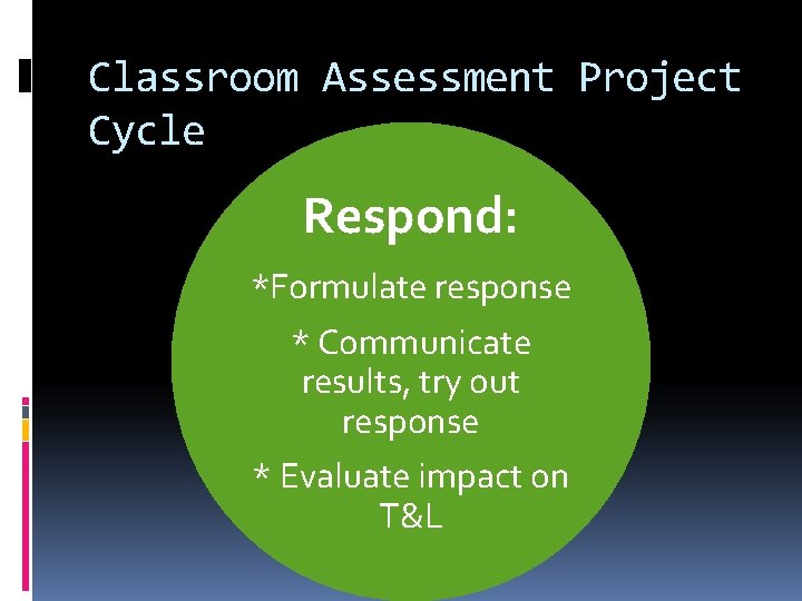 Classroom Assessment Project Cycle Respond: *Formulate response * Communicate results, try out response *