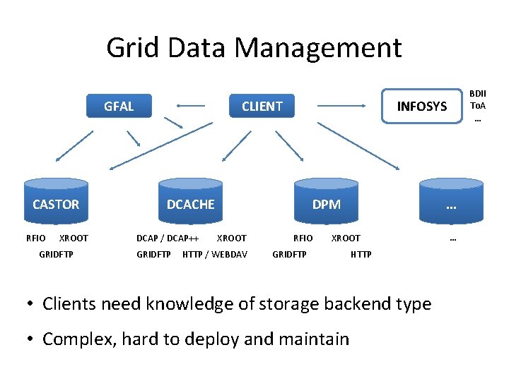 Grid Data Management GFAL CASTOR RFIO XROOT GRIDFTP INFOSYS CLIENT DCACHE DCAP / DCAP++