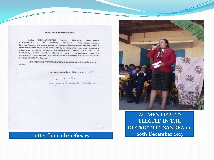 Letter from a beneficiary WOMEN DEPUTY ELECTED IN THE DISTRICT OF ISANDRA on 20