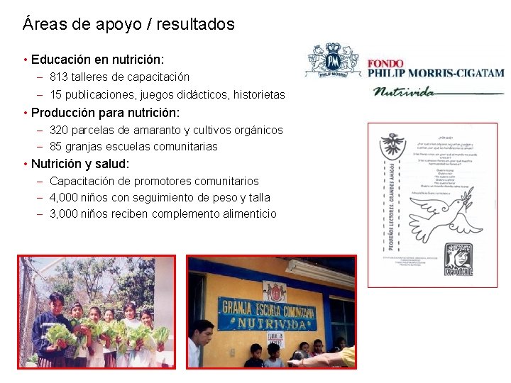 Áreas de apoyo / resultados • Educación en nutrición: - 813 talleres de capacitación