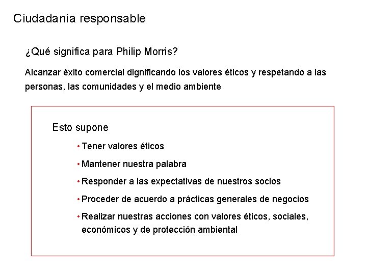 Ciudadanía responsable ¿Qué significa para Philip Morris? Alcanzar éxito comercial dignificando los valores éticos