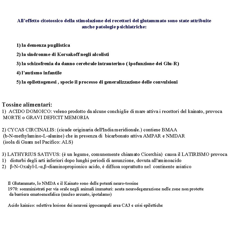 All’effetto citotossico della stimolazione dei recettori del glutammato sono state attribuite anche patologie psichiatriche: