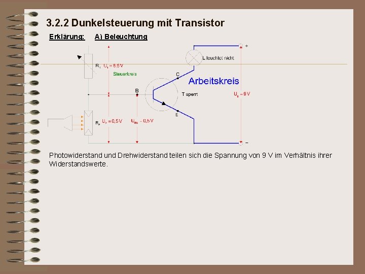 3. 2. 2 Dunkelsteuerung mit Transistor Erklärung: A) Beleuchtung Photowiderstand und Drehwiderstand teilen sich