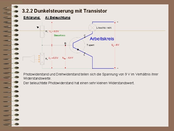 3. 2. 2 Dunkelsteuerung mit Transistor Erklärung: A) Beleuchtung Photowiderstand und Drehwiderstand teilen sich