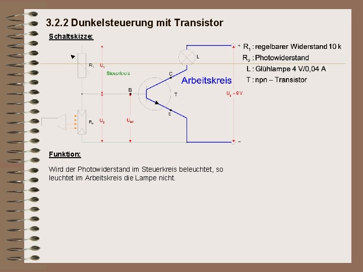 3. 2. 2 Dunkelsteuerung mit Transistor Schaltskizze: Funktion: Wird der Photowiderstand im Steuerkreis beleuchtet,