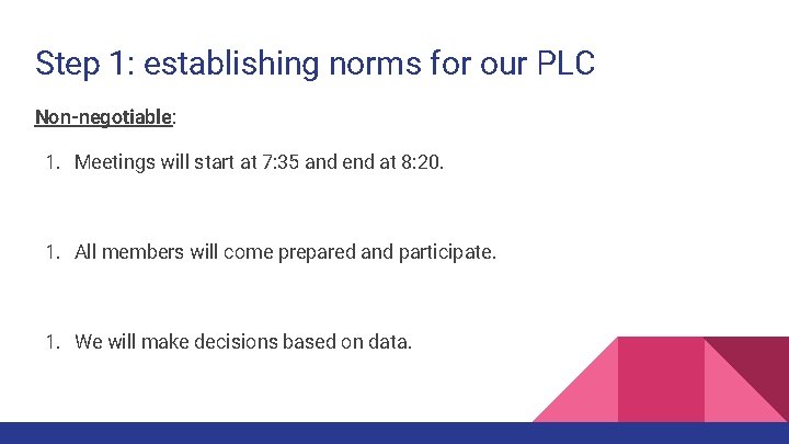 Step 1: establishing norms for our PLC Non-negotiable: 1. Meetings will start at 7: