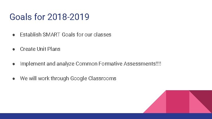 Goals for 2018 -2019 ● Establish SMART Goals for our classes ● Create Unit
