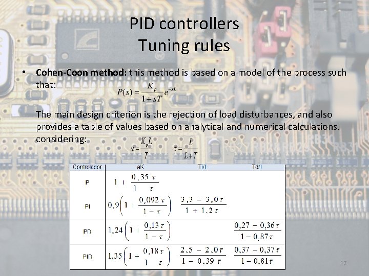 PID controllers Tuning rules • Cohen-Coon method: this method is based on a model