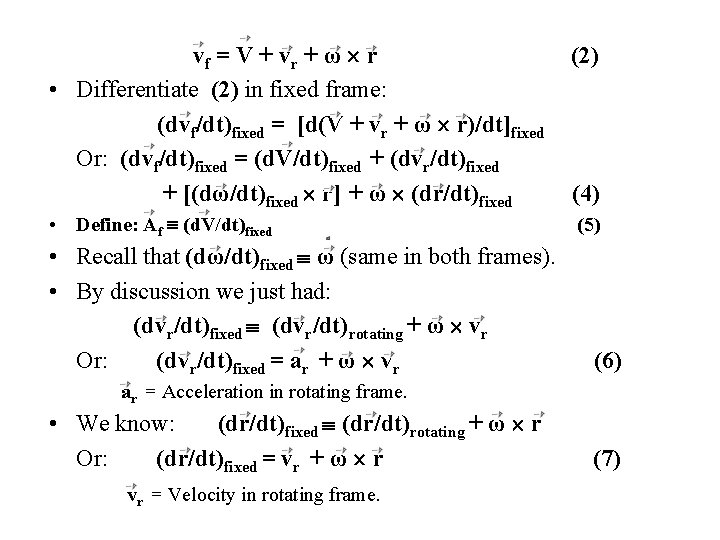 vf = V + vr + ω r • Differentiate (2) in fixed frame: