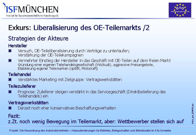 Exkurs: Liberalisierung des OE-Teilemarkts /2 Strategien der Akteure Hersteller z z Versuch, OE-Teileliberalisierung durch Exkurs: Liberalisierung des OE-Teilemarkts /2 Strategien der Akteure Hersteller z z Versuch, OE-Teileliberalisierung durch