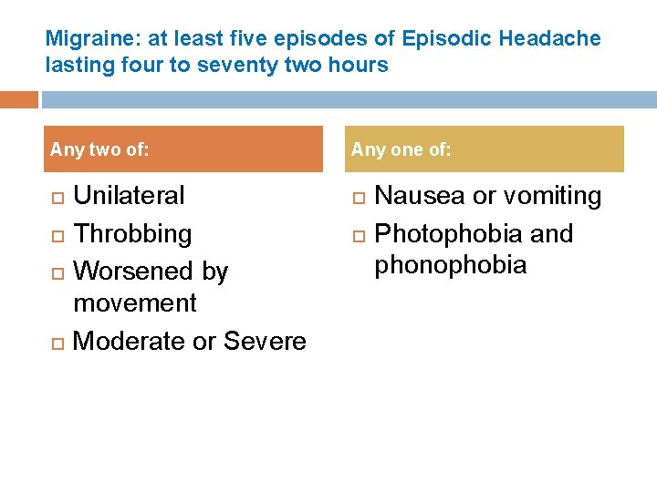 Migraine: at least five episodes of Episodic Headache lasting four to seventy two hours Migraine: at least five episodes of Episodic Headache lasting four to seventy two hours