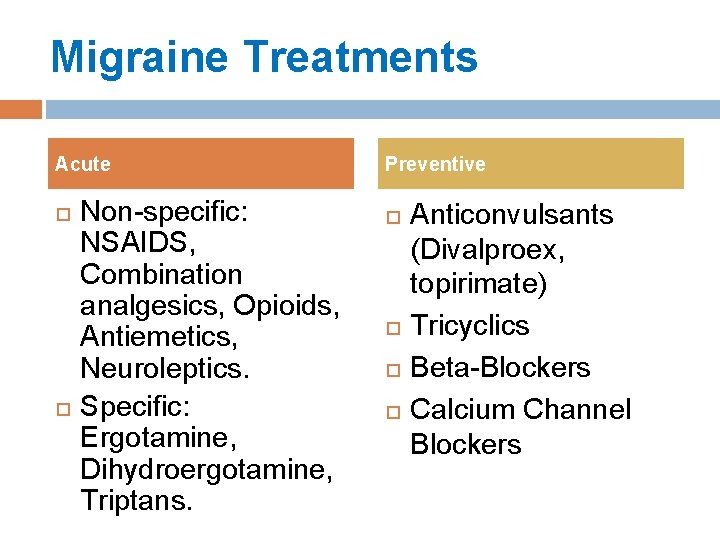 Migraine Treatments Acute Non-specific: NSAIDS, Combination analgesics, Opioids, Antiemetics, Neuroleptics. Specific: Ergotamine, Dihydroergotamine, Triptans. Migraine Treatments Acute Non-specific: NSAIDS, Combination analgesics, Opioids, Antiemetics, Neuroleptics. Specific: Ergotamine, Dihydroergotamine, Triptans.