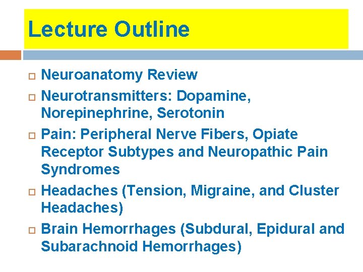 Lecture Outline Neuroanatomy Review Neurotransmitters: Dopamine, Norepinephrine, Serotonin Pain: Peripheral Nerve Fibers, Opiate Receptor Lecture Outline Neuroanatomy Review Neurotransmitters: Dopamine, Norepinephrine, Serotonin Pain: Peripheral Nerve Fibers, Opiate Receptor