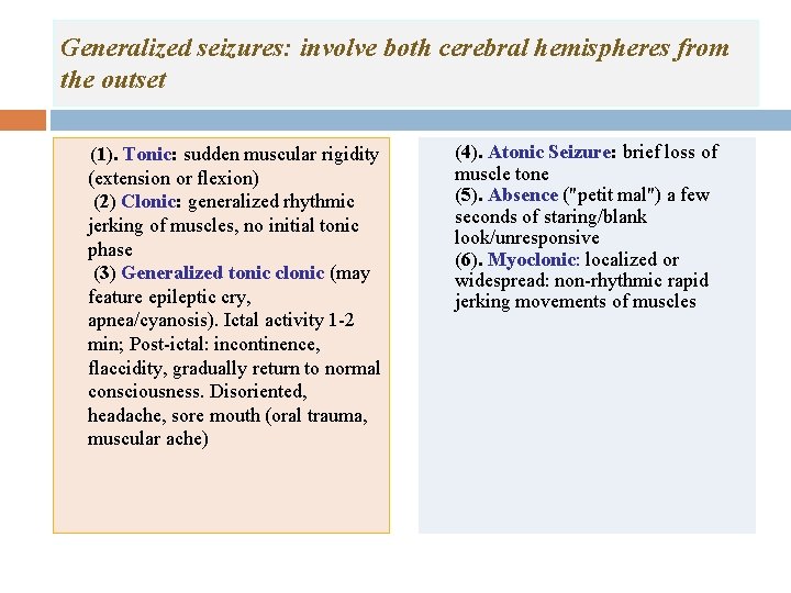Generalized seizures: involve both cerebral hemispheres from the outset (1). Tonic: sudden muscular rigidity Generalized seizures: involve both cerebral hemispheres from the outset (1). Tonic: sudden muscular rigidity