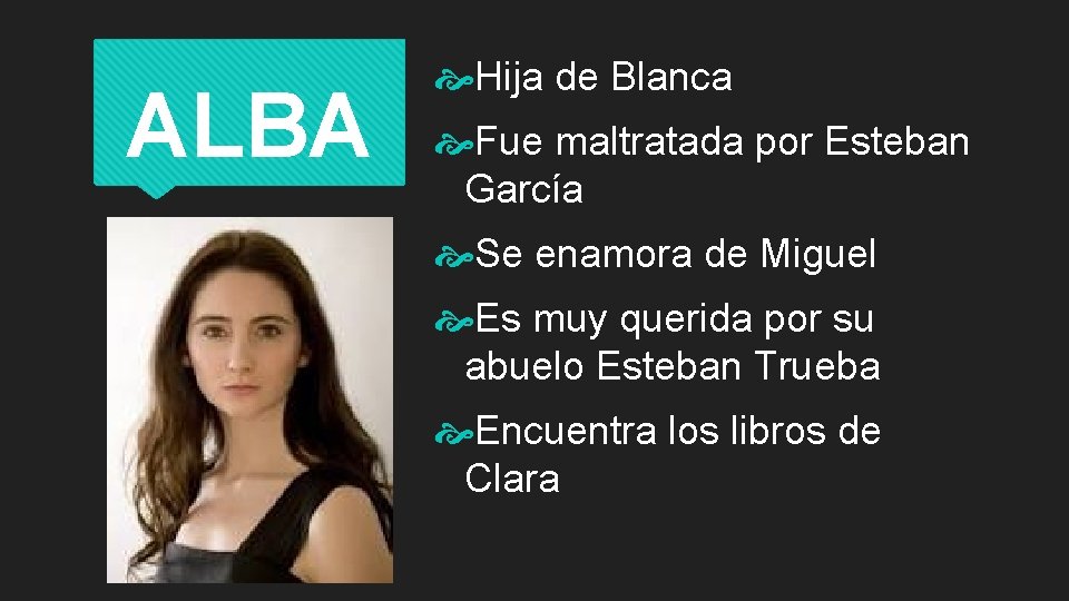 ALBA Hija de Blanca Fue maltratada por Esteban García Se enamora de Miguel Es