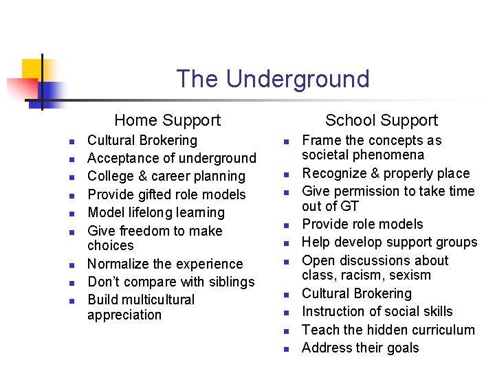 The Underground Home Support n n n n n Cultural Brokering Acceptance of underground