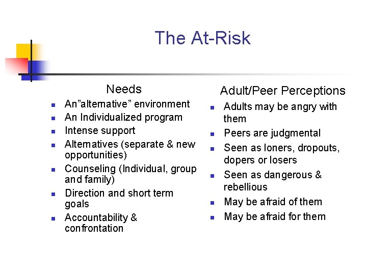 The At-Risk Needs n n n n An”alternative” environment An Individualized program Intense support