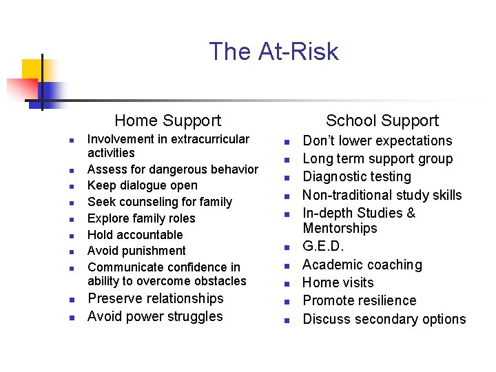 The At-Risk Home Support n n n n n Involvement in extracurricular activities Assess