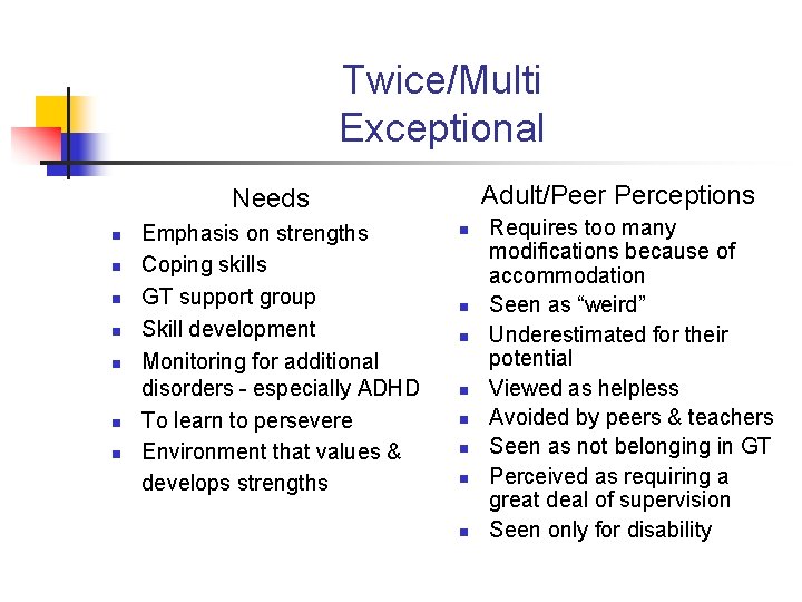 Twice/Multi Exceptional Adult/Peer Perceptions Needs n n n n Emphasis on strengths Coping skills