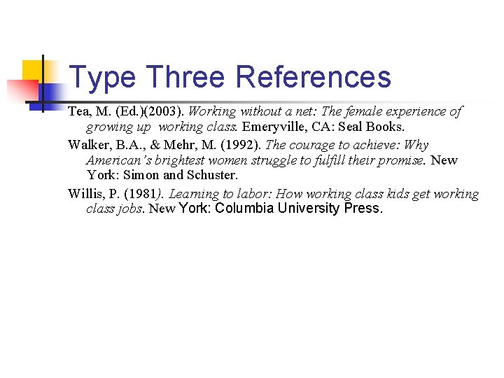 Type Three References Tea, M. (Ed. )(2003). Working without a net: The female experience