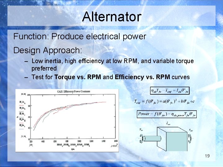 Alternator Function: Produce electrical power Design Approach: – Low inertia, high efficiency at low