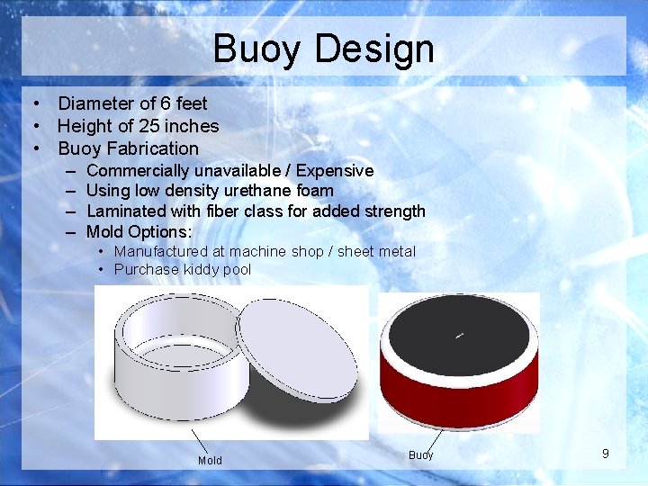 Buoy Design • Diameter of 6 feet • Height of 25 inches • Buoy