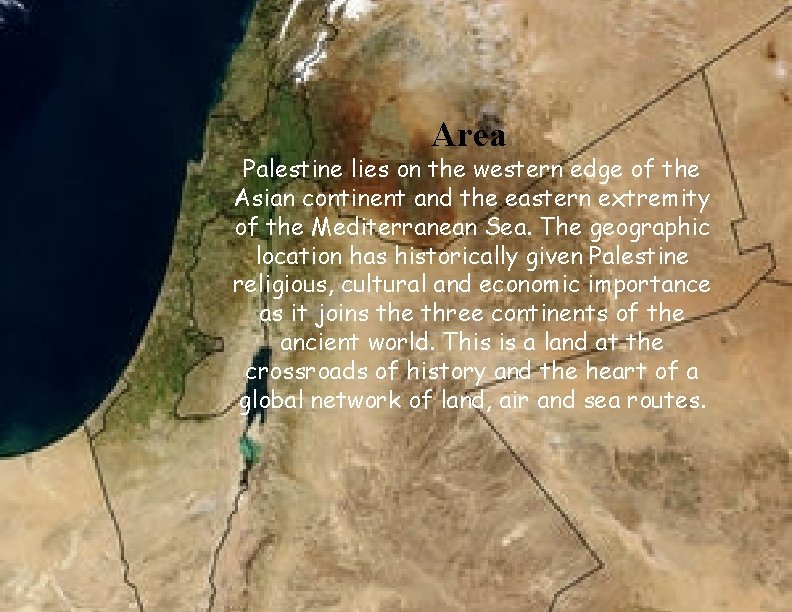 Area Palestine lies on the western edge of the Asian continent and the eastern Area Palestine lies on the western edge of the Asian continent and the eastern