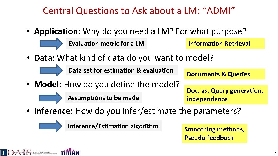 Central Questions to Ask about a LM: “ADMI” • Application: Why do you need