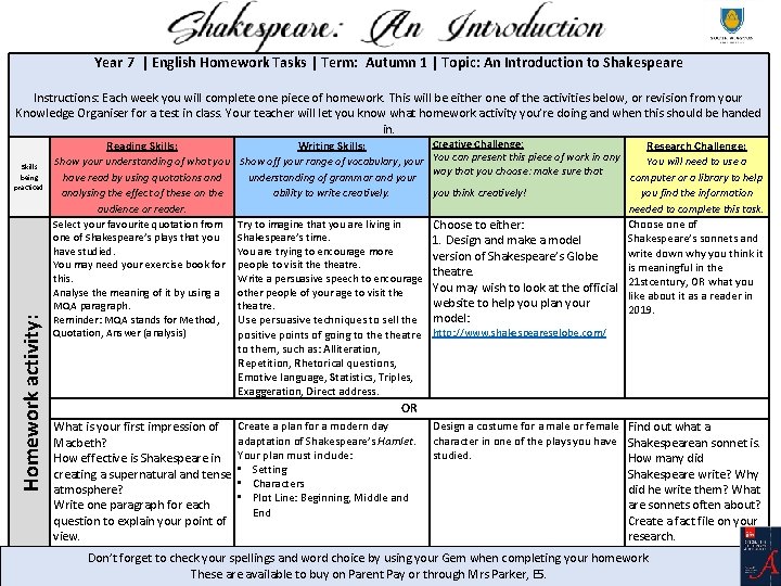 Year 7 | English Homework Tasks | Term: Autumn 1 | Topic: An Introduction