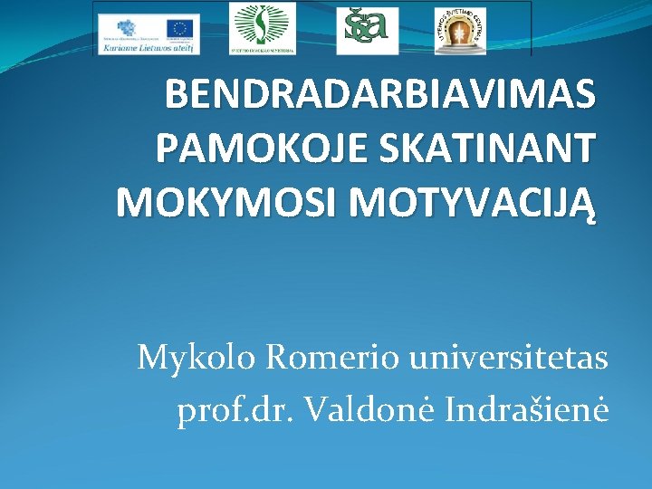 BENDRADARBIAVIMAS PAMOKOJE SKATINANT MOKYMOSI MOTYVACIJĄ Mykolo Romerio universitetas prof. dr. Valdonė Indrašienė 