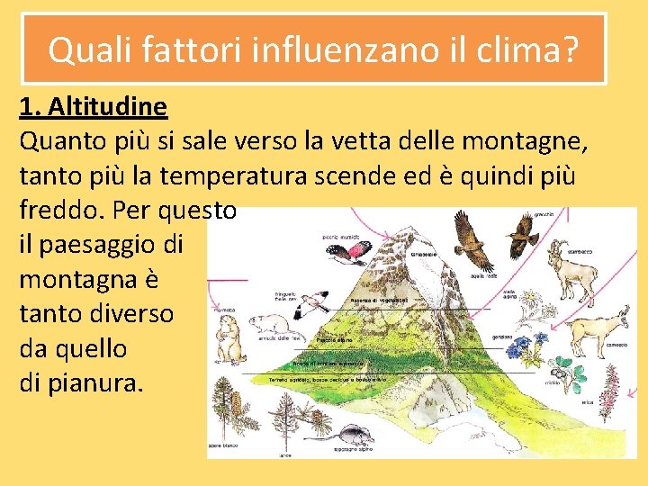 Quali fattori influenzano il clima? 1. Altitudine Quanto più si sale verso la vetta