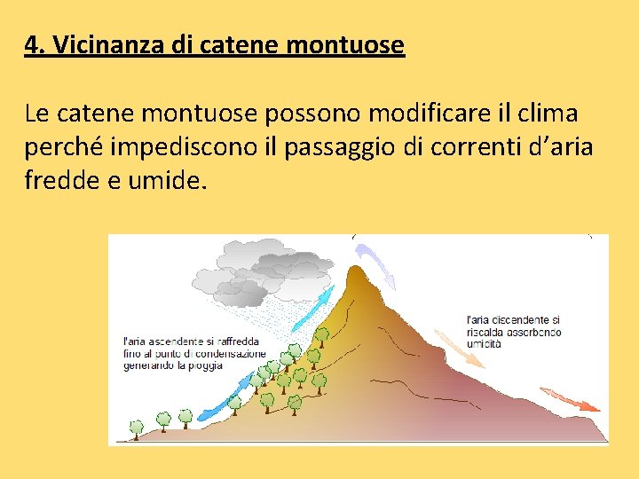 4. Vicinanza di catene montuose Le catene montuose possono modificare il clima perché impediscono