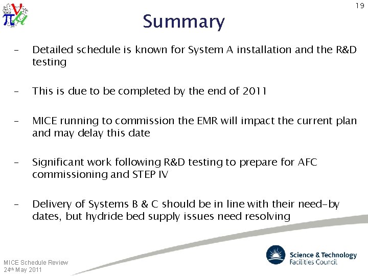 Summary 19 – Detailed schedule is known for System A installation and the R&D