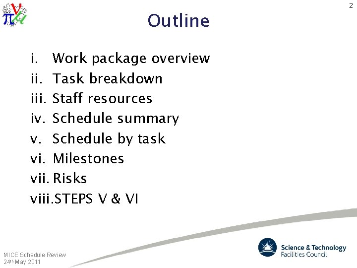 Outline i. Work package overview ii. Task breakdown iii. Staff resources iv. Schedule summary